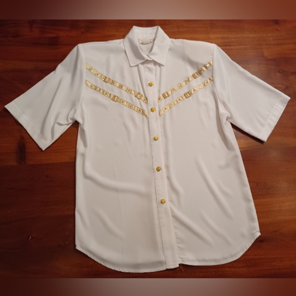 Rio Vintage Womens White Satin Soft Short Sleeve Button Up Shirt Sz Medium